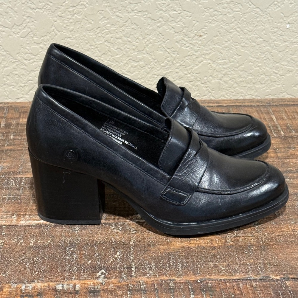 Born Penny Loafer Womens 7.5M Black Leather Block Heel Office Professional Chic - Picture 2 of 7